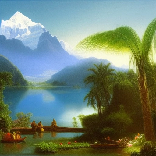 55451-3395334974-tropical floral garden with a row boat on blue lake with everest mountain range in background in  style of albert bierstadt, 4k,.webp